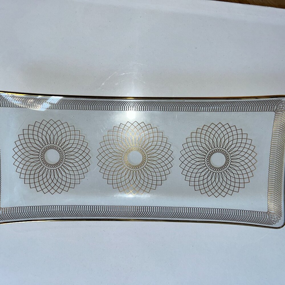 Rectangular Glass Dish Gold Geometric Floral Design, MDM, Vintage